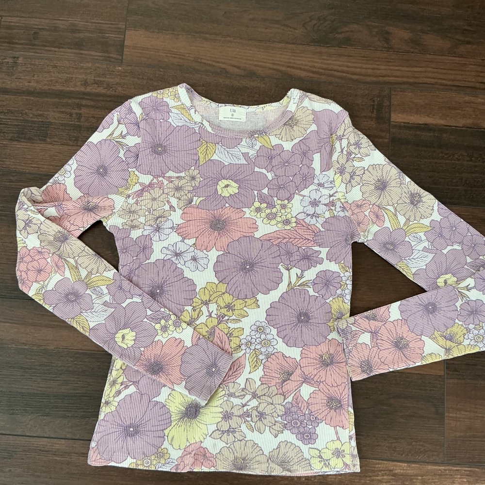 t.la Anthropologie Floral Ribbed Long Sleeve Top Purple Yellow Small Boho Tee